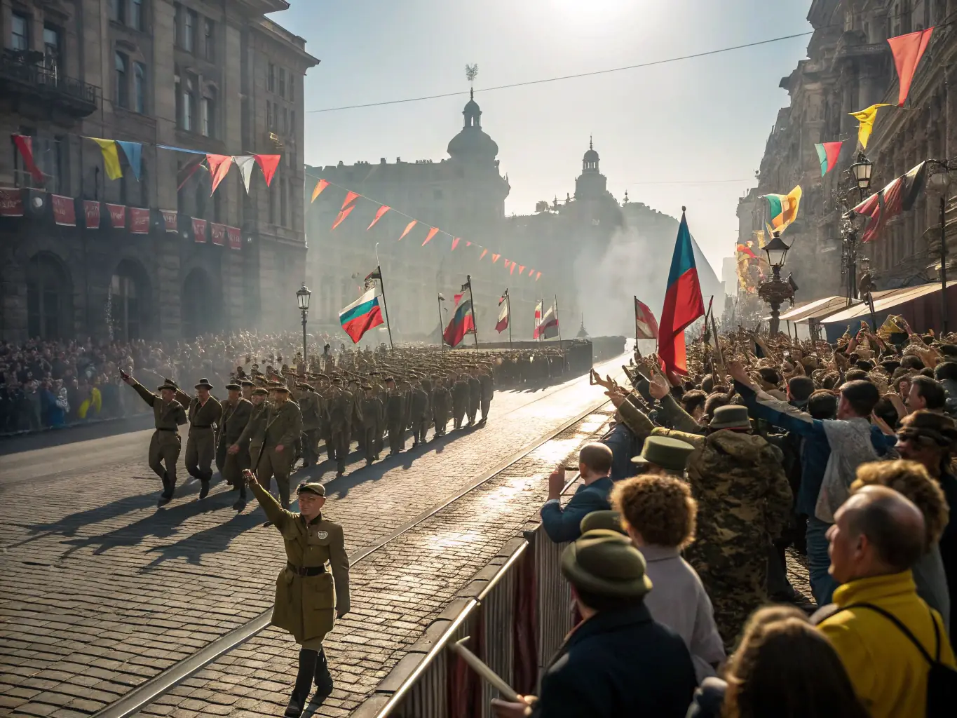 A group of veterans participating in a commemorative parade, with flags and medals, symbolizing unity and remembrance.