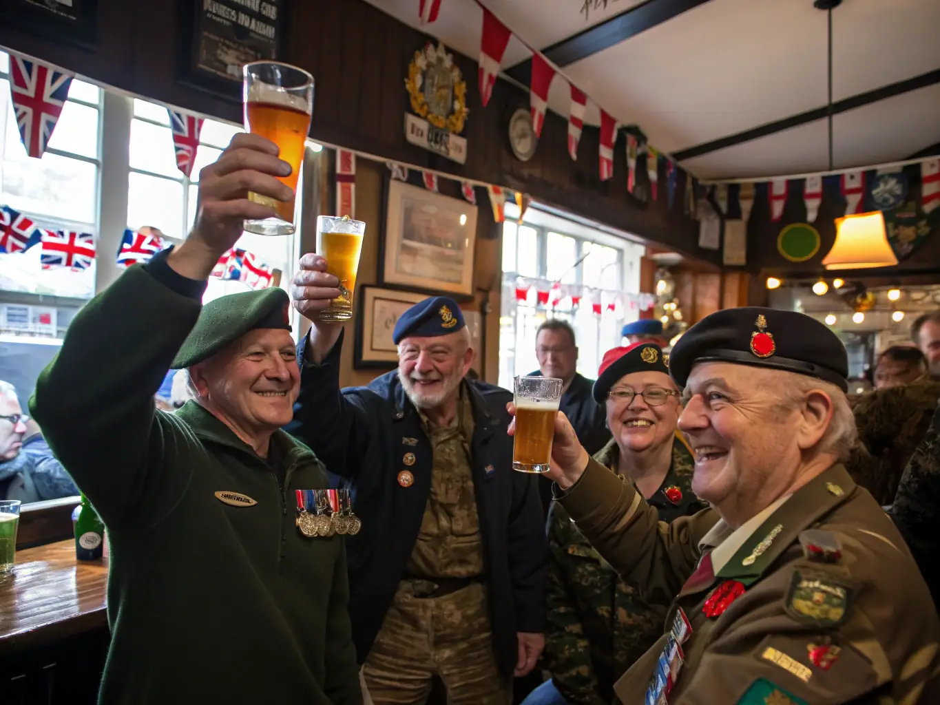Veterans engaging in a social gathering, sharing stories and experiences, symbolizing camaraderie and mutual support.