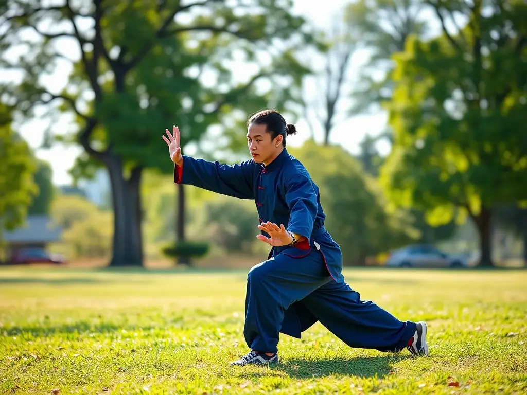 A person practicing a Wushu stance with focused concentration in a serene outdoor setting, embodying mental discipline.