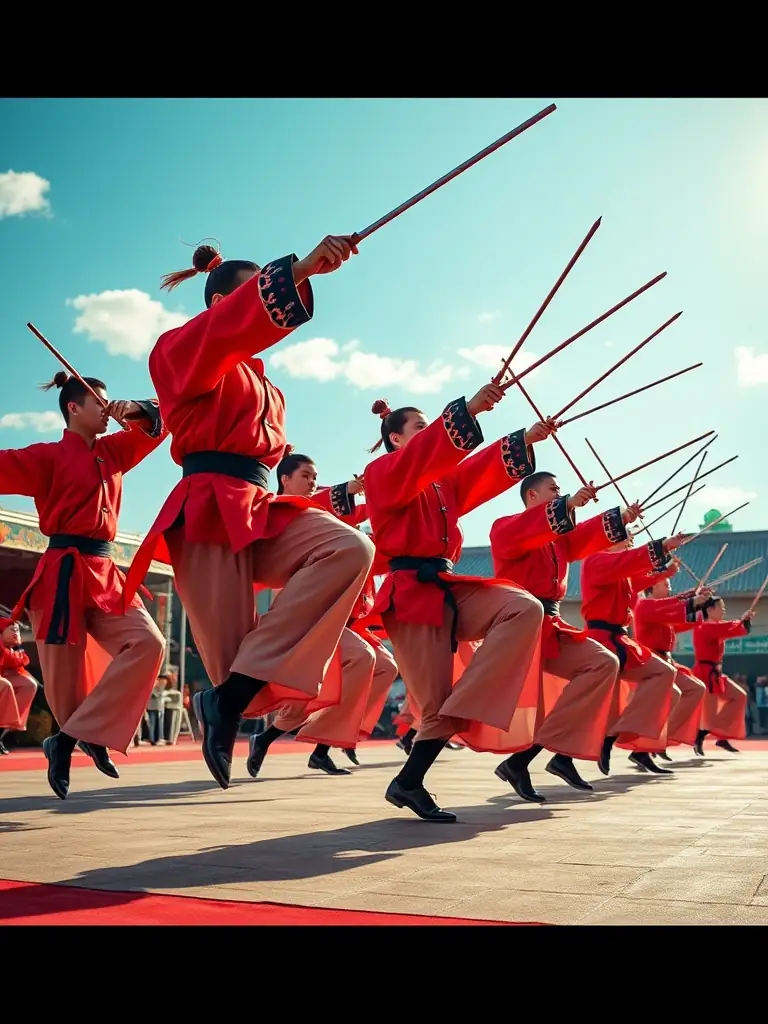 A vibrant image of a Wushu demonstration team performing a choreographed routine with swords and spears, highlighting the artistic and performance aspects of Wushu.