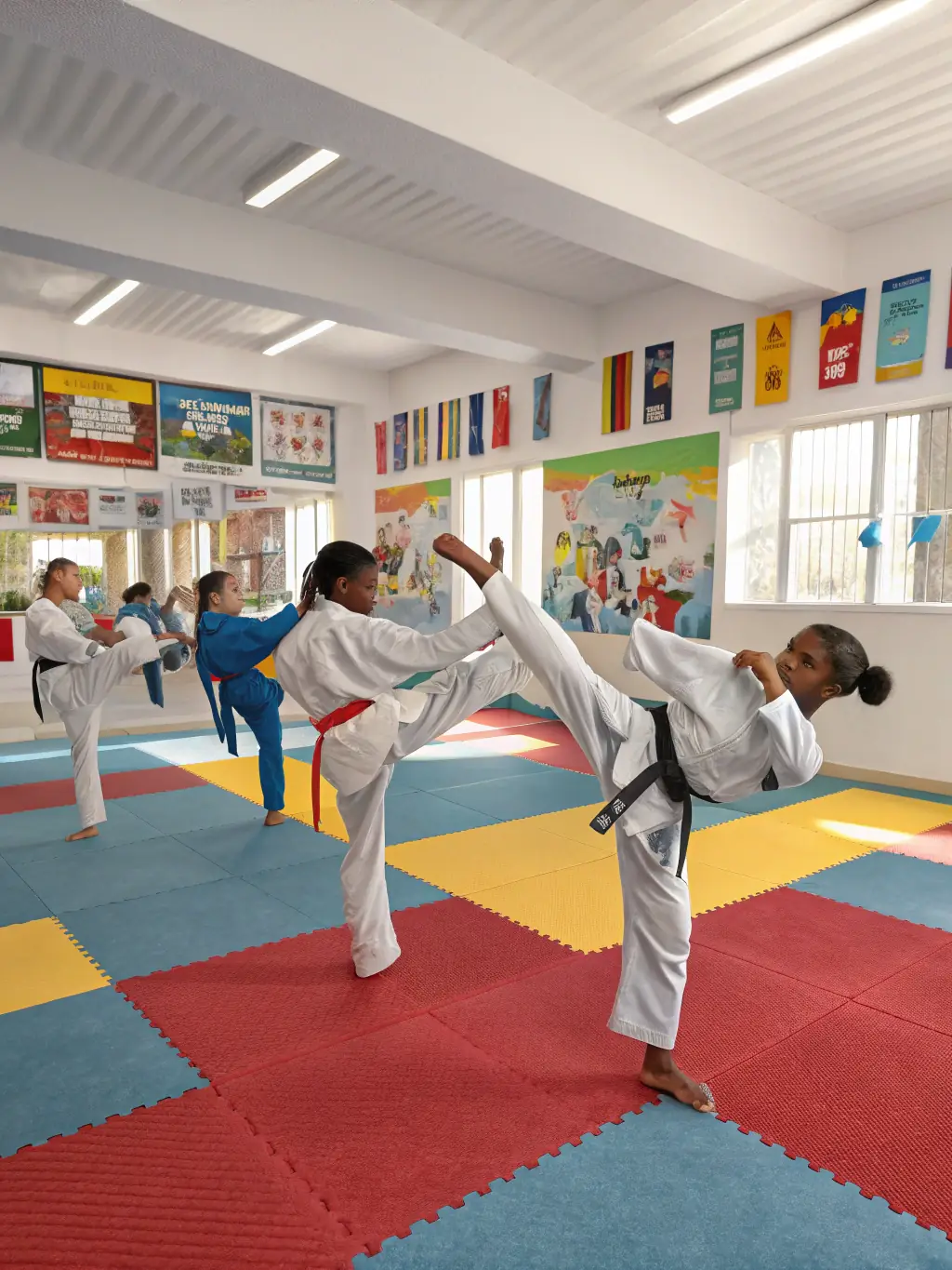 A dynamic image of a Wushu class in session, students practicing various stances and forms with focused expressions, instructor guiding them.