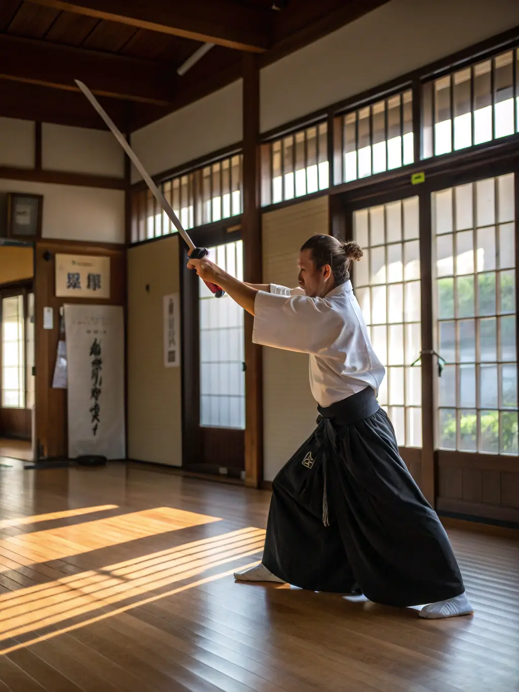 An instructor demonstrating a complex Wushu weapon technique with a sword, showcasing the advanced skills taught at LE DRAGON DE JADE.