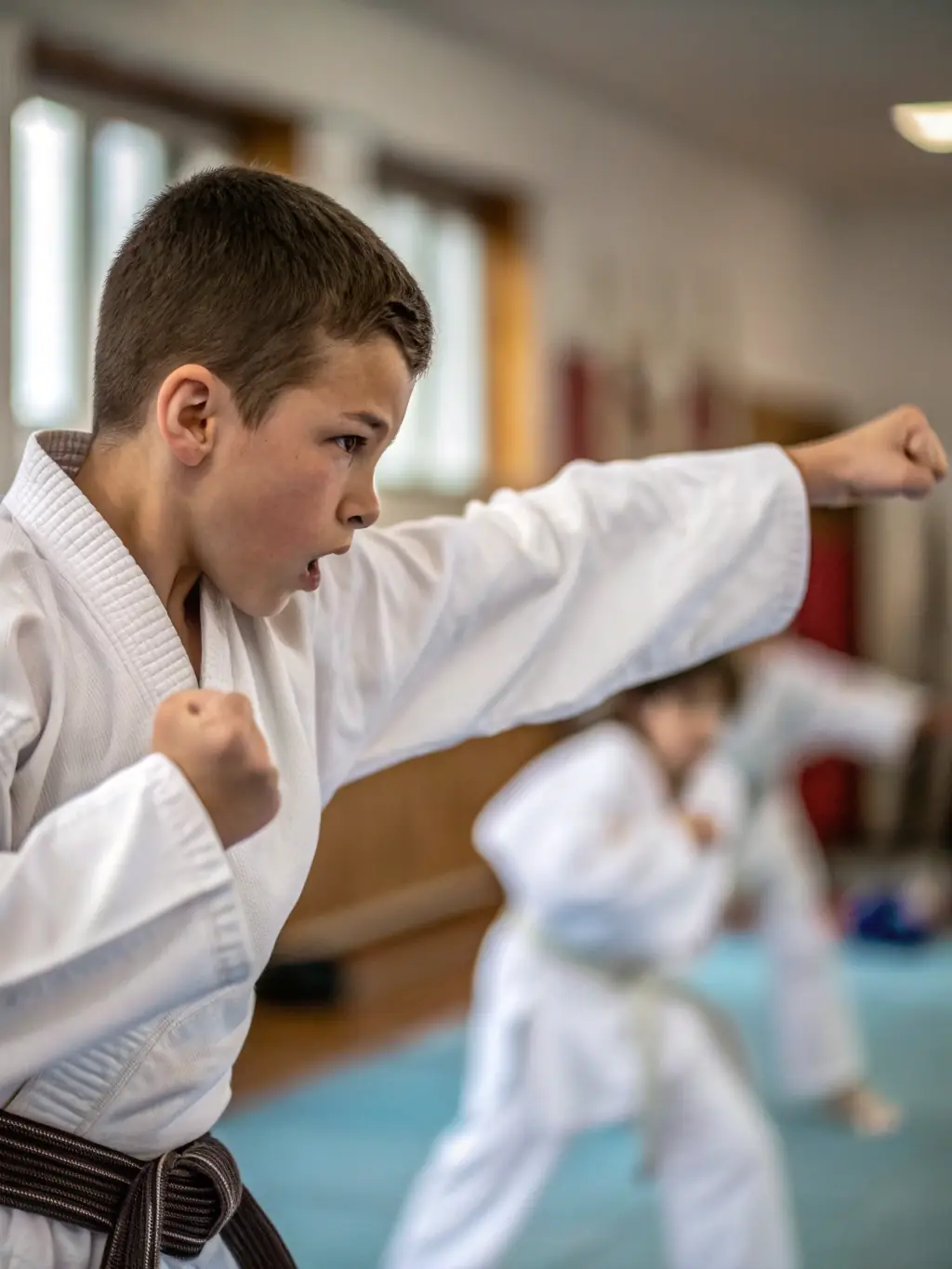 A young student in a dynamic Wushu stance, executing a precise punch during a training session at LE DRAGON DE JADE, showcasing the focus and discipline of the program.