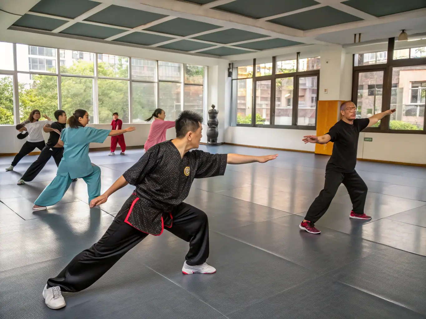 A diverse group of people participating in a Wushu class, demonstrating various ages and skill levels, highlighting inclusivity.
