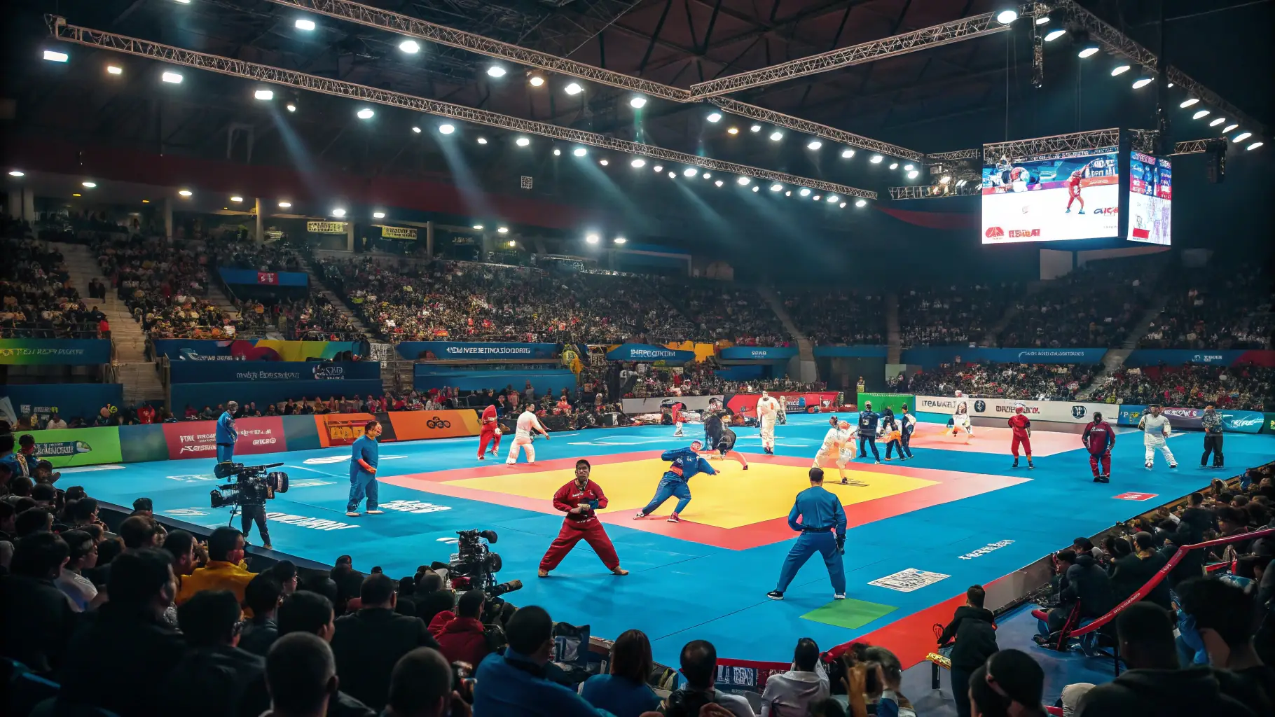 A group of Wushu practitioners in action during a competition, showcasing dynamic movements and traditional attire.