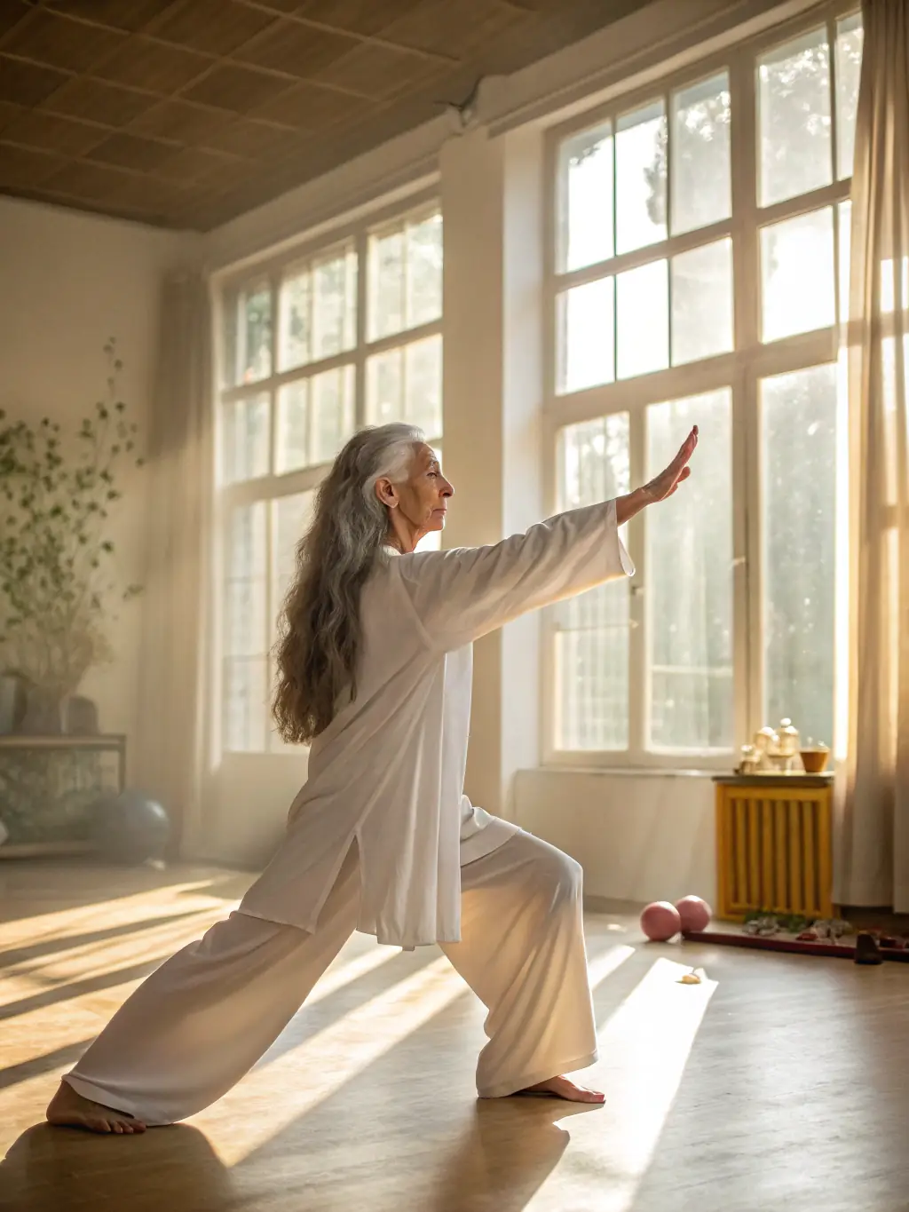 A serene image of a senior student practicing Tai Chi, emphasizing the gentle and health-focused aspects of Wushu.