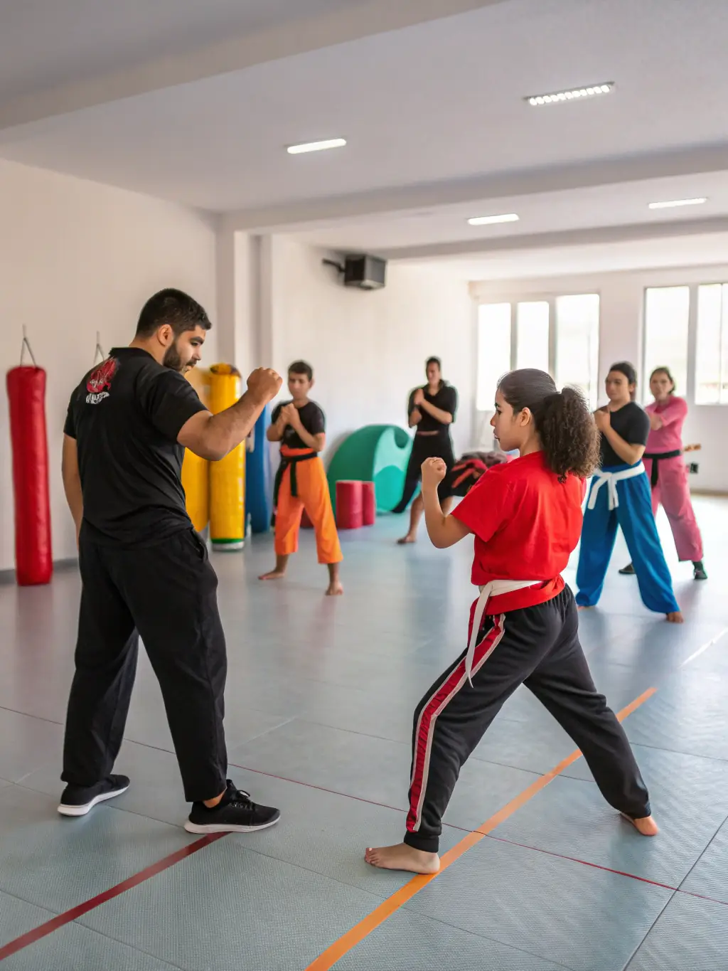 A group of students practicing synchronized Wushu forms in a spacious training hall at LE DRAGON DE JADE, emphasizing the harmony and coordination taught in the program.