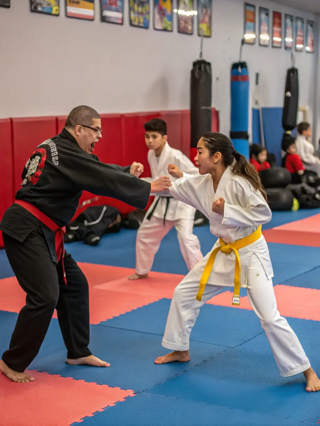 An action shot of students sparring during a Sanda (Chinese kickboxing) class, showcasing the dynamic and competitive side of Wushu.